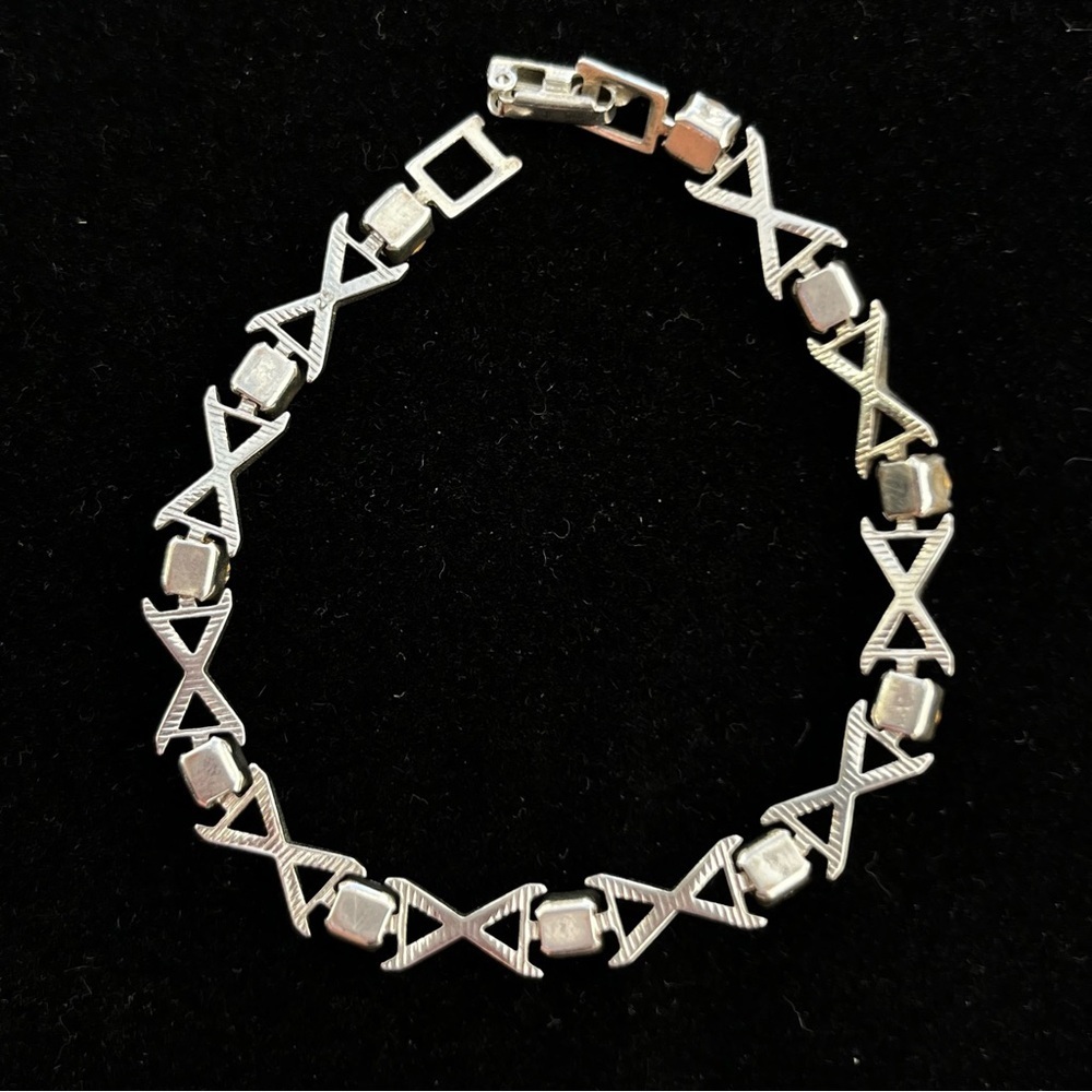 " X & O" Bracelet 925 Sterling Silver w/blue & clear rhinestones 6.75” - Picture 4 of 7